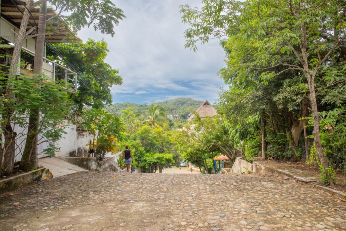 Calle empedrada y tropical de San Pancho, Nayarit