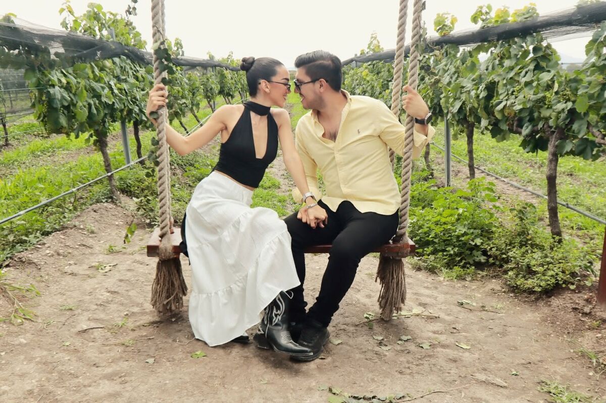 pareja sentada en un columpio en un viñedo