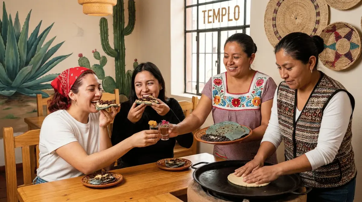 mujeres comiendo con cocineras tradicionales