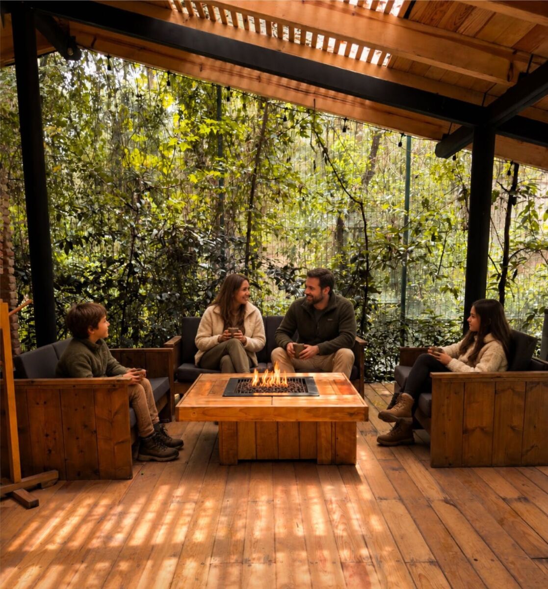 Una familia disfruta de un fogatero en Casa del Roble Avándaro en Valle de Bravo