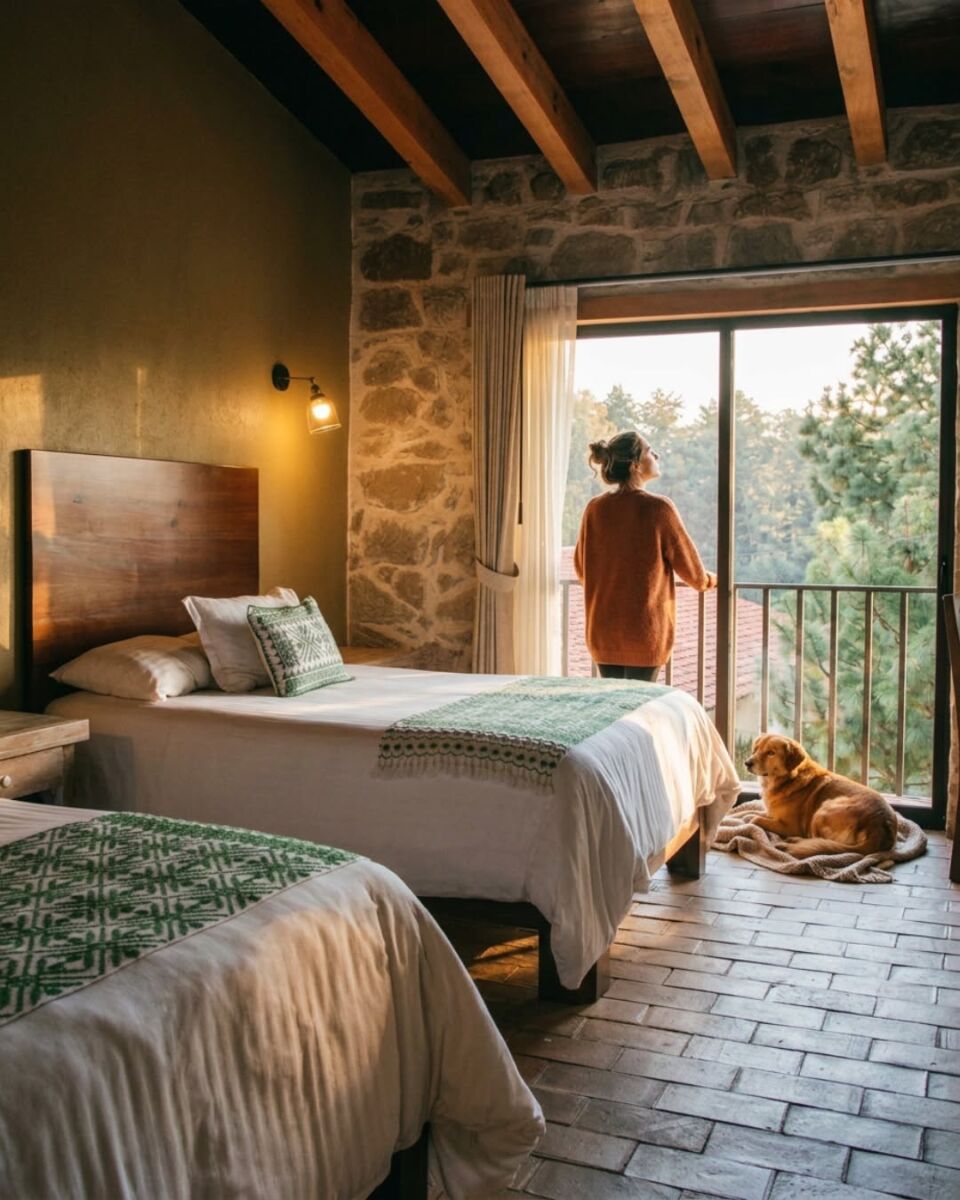 mujer con un perro en una habitación de hotel