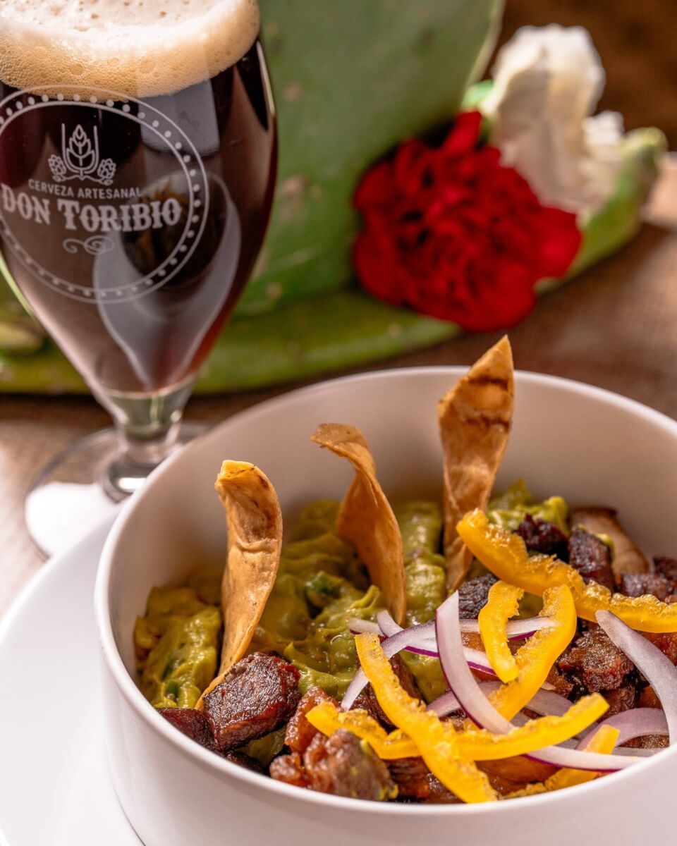 Cerveza artesanal con guacamole y un nopal de fondo