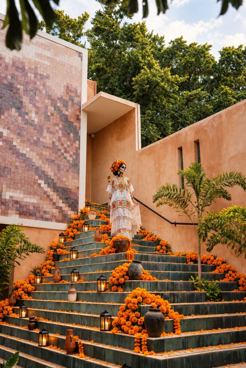 catrina vestida con terno yucateco en una escalera con cempasuchil