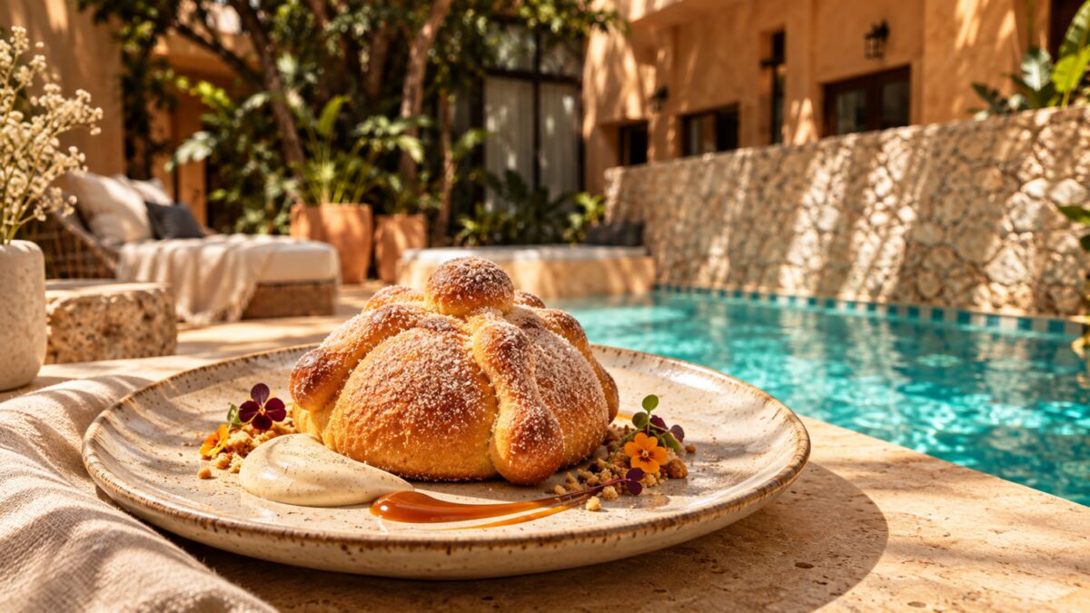 pan de muerto junto a una alberca