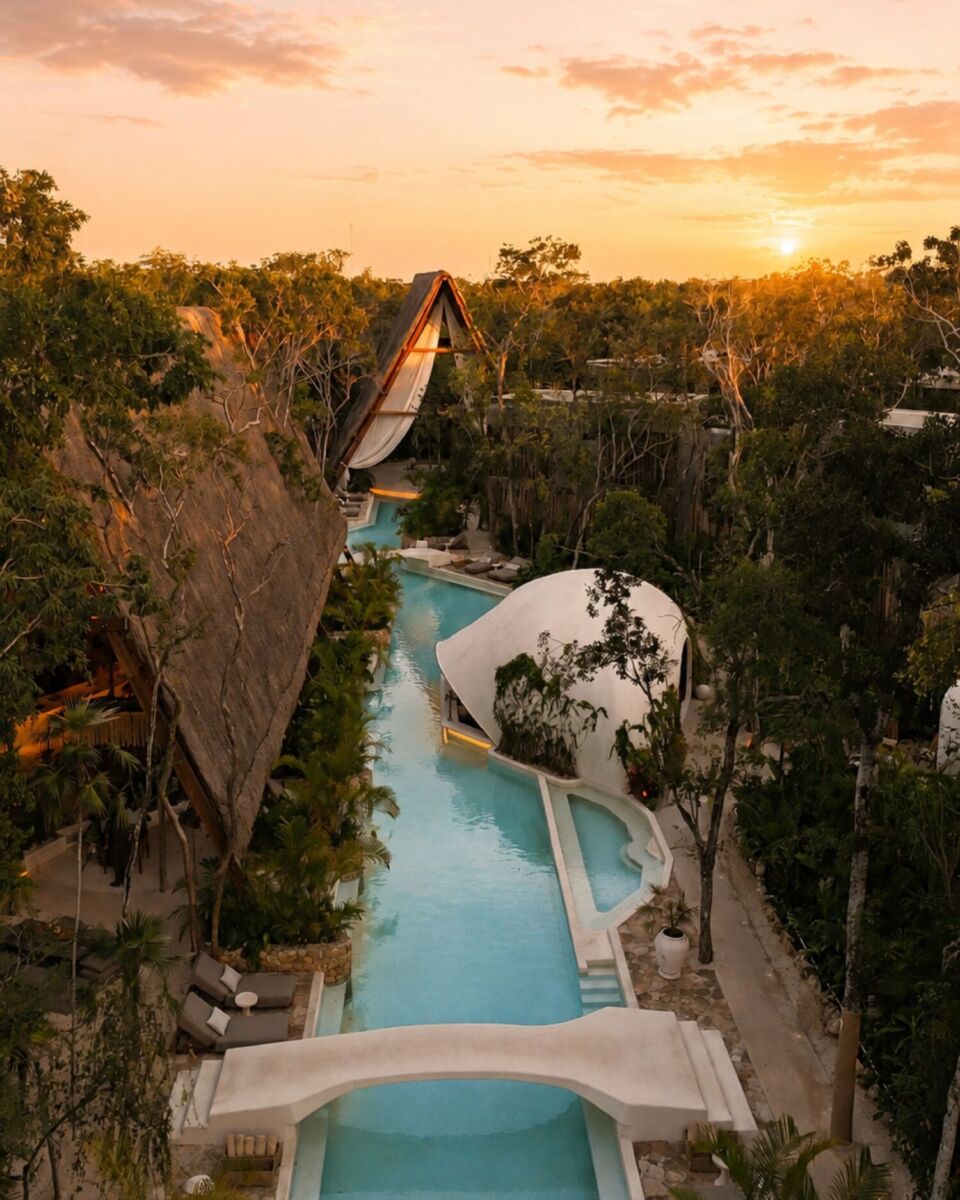Río de agua en hotel en Tulum al atardecer