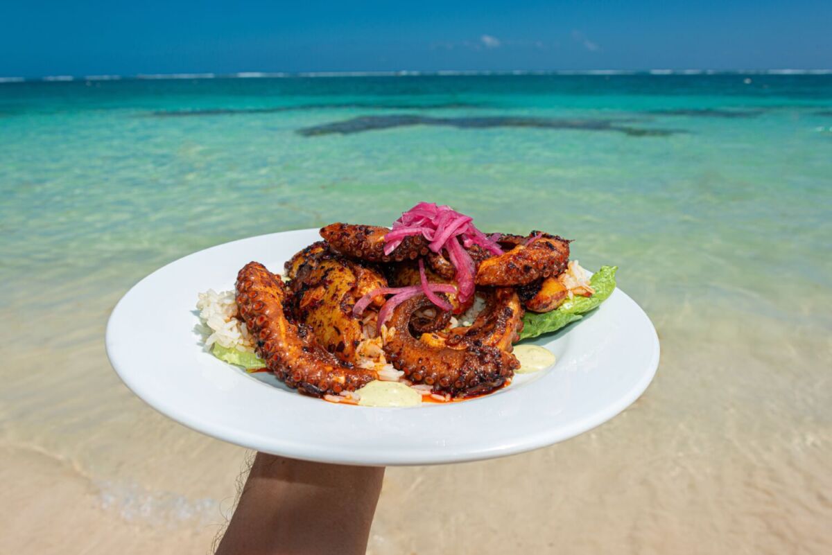 Plato de pulpo a la parrilla servido en una playa caribeña