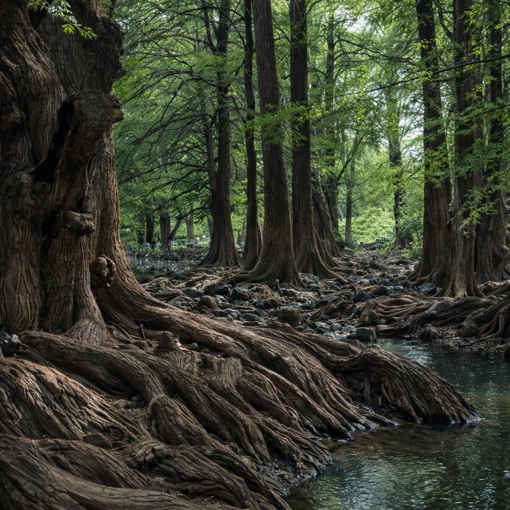 Raíces monumentales de los árboles en el bosque de Las Musas