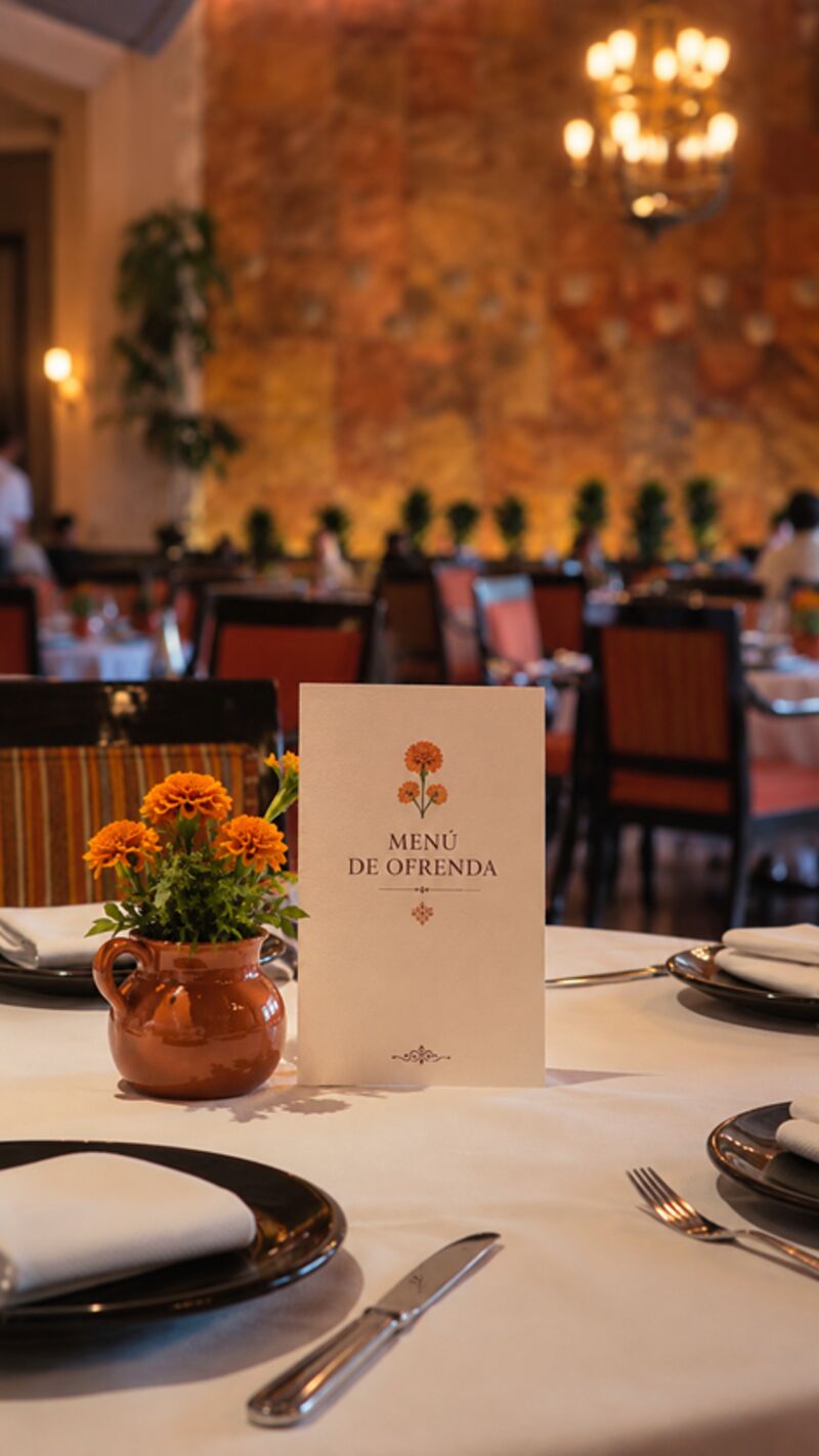 Mesa de restaurante con mantel blanco, un menú de ofrenda con flores de cempasúchil en una jarra de barro y una lámpara de araña al fondo.