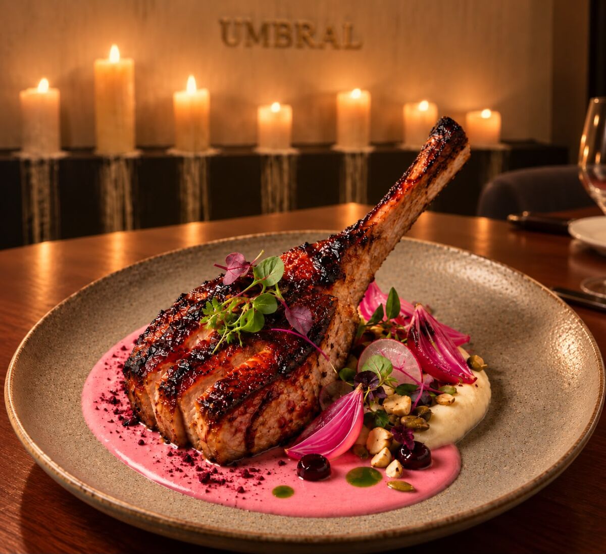 Tomahawk de cerdo con mole rosado del restaurante UMBRAL para la campaña Sabores que cambian historias 